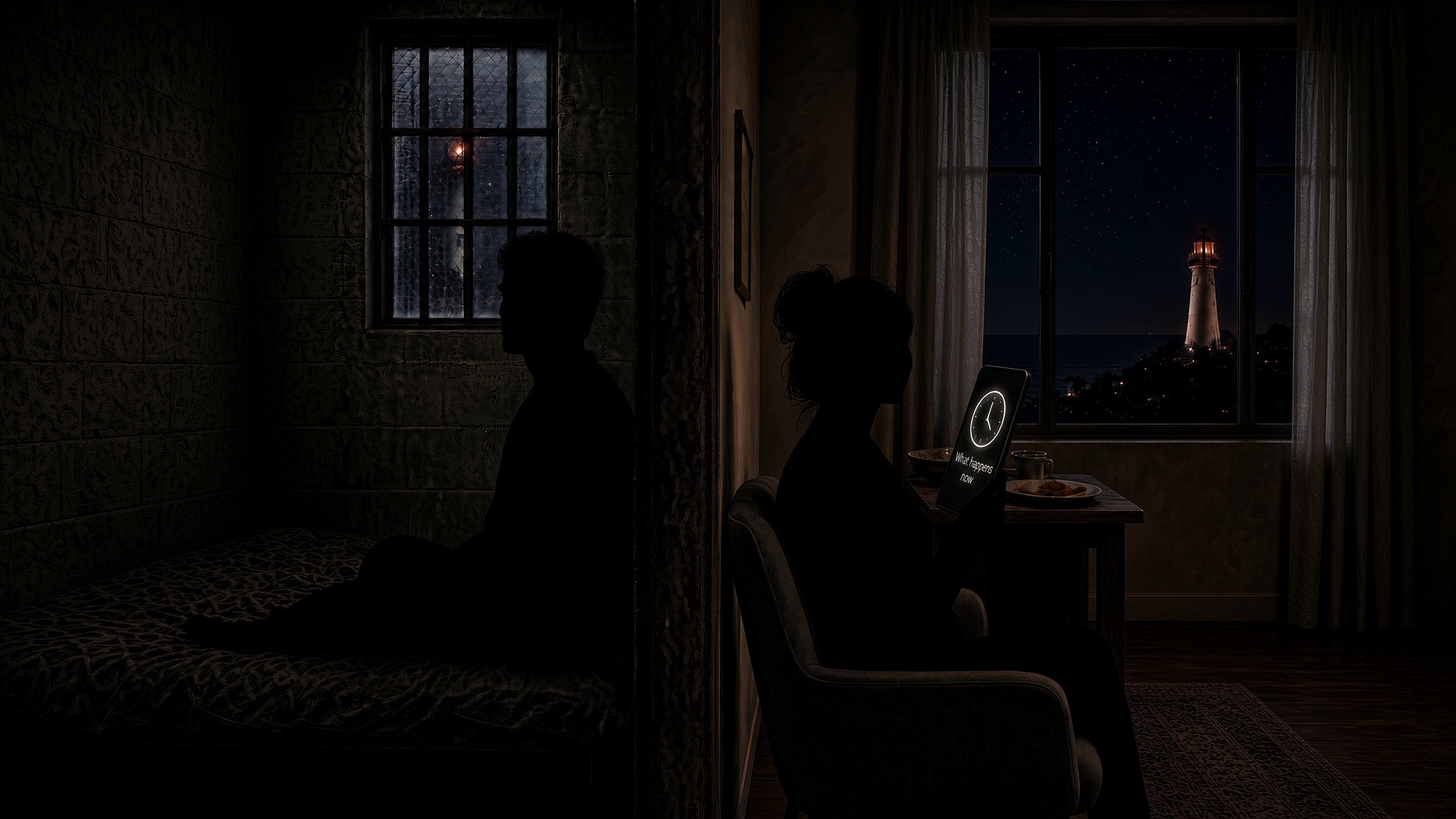 Split scene at night: a person alone in a jail cell on one side, a family member waiting up at home on the other, a lighthouse visible through the window